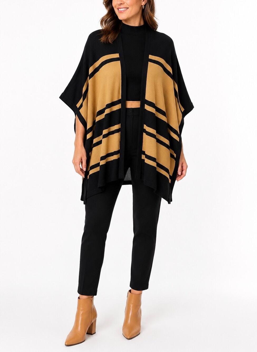 NWT August Silk Black Toffee Striped Knit Poncho Size Large